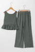 Solid Color Ribbed Ruffle Tank Top and Pants Set